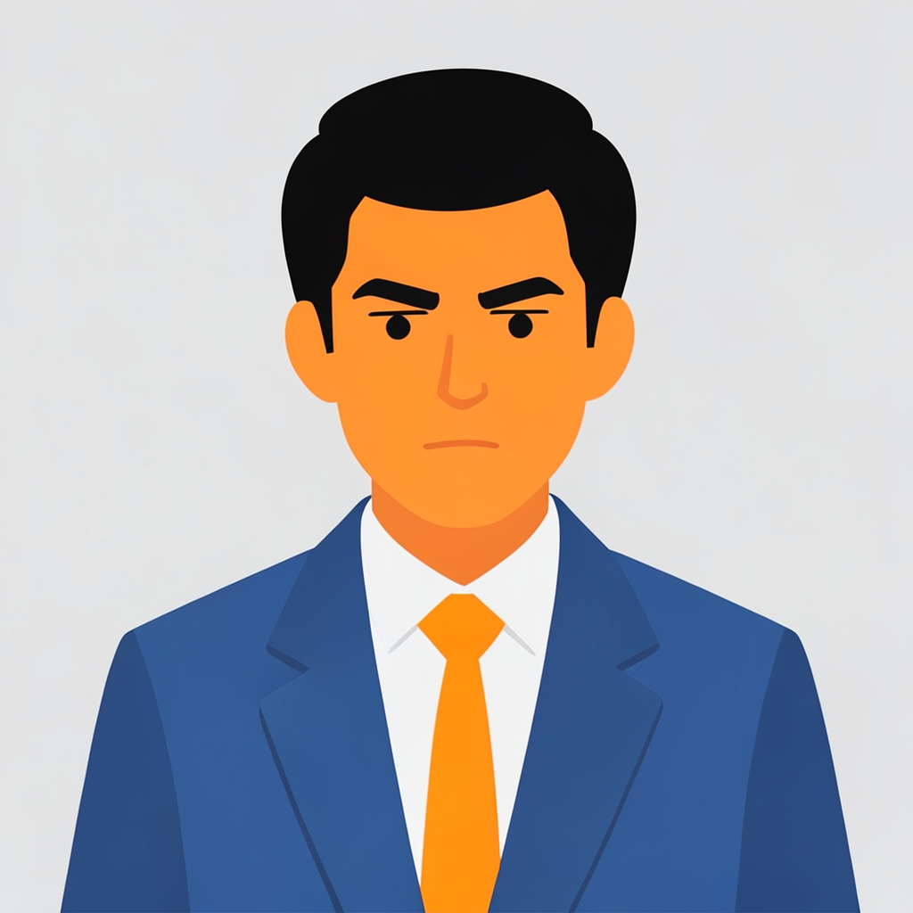 Ilustración vectorial plana de un hombre de aspecto académico con cabello oscuro, chaqueta azul y expresión concentrada, sobre fondo gris claro.