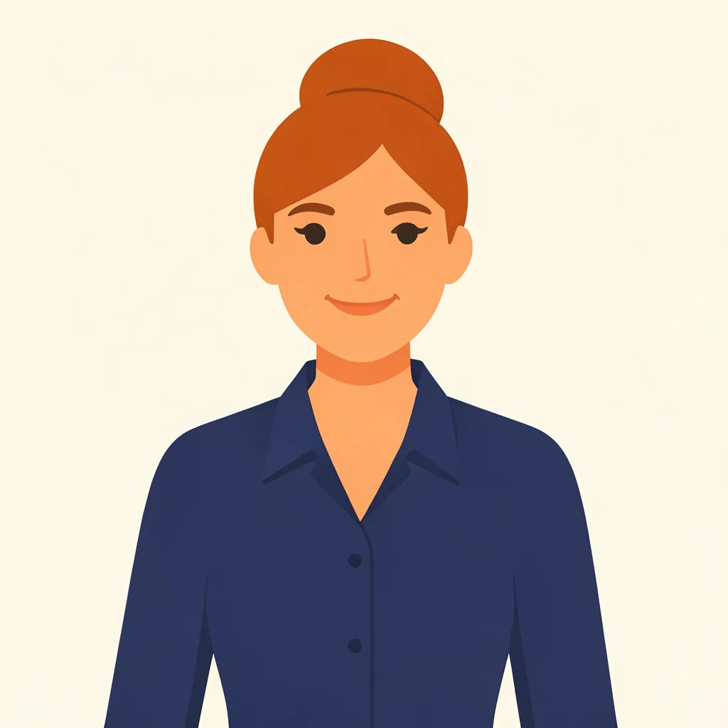 Ilustración vectorial plana de una mujer profesional con cabello recogido, blusa azul marino y expresión amable, sobre fondo crema.