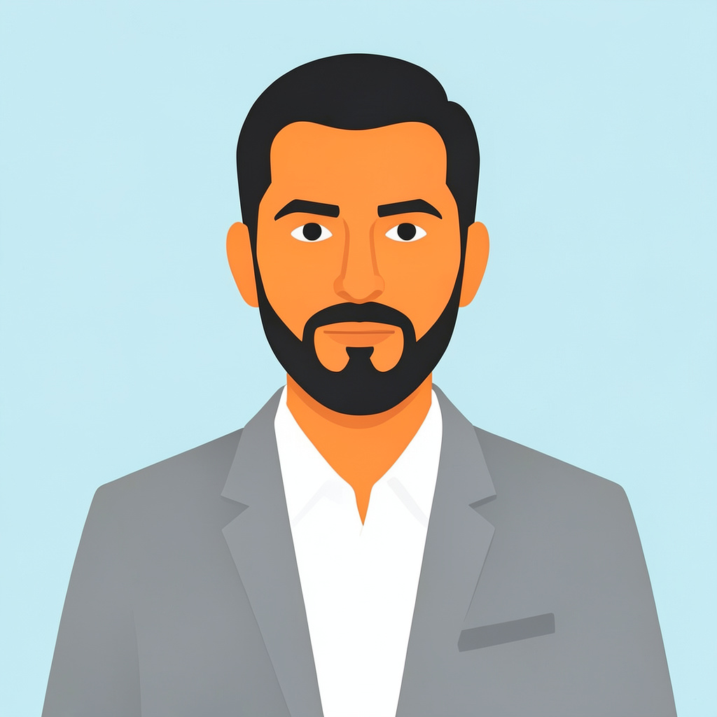 Ilustración vectorial plana de un hombre de mediana edad con barba corta, chaqueta gris y mirada profesional, sobre fondo azul pálido.