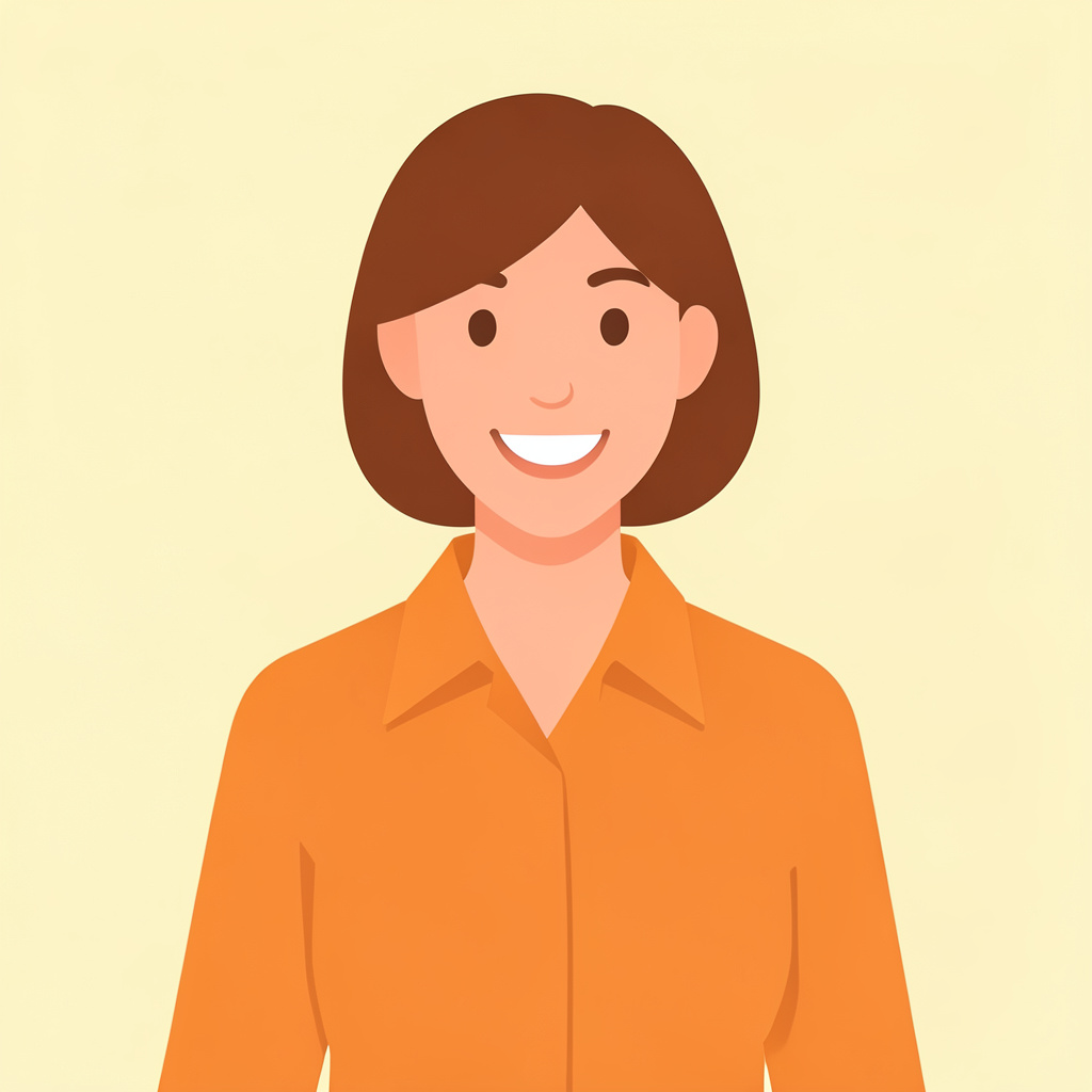 Ilustración vectorial plana de una mujer con melena corta, blusa color teja y sonrisa profesional, sobre fondo amarillo pálido.